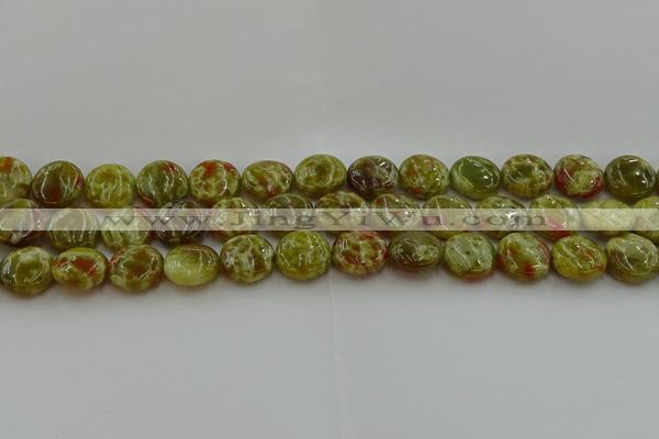CNS624 15.5 inches 15mm flat round green dragon serpentine jasper beads