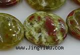 CNS628 15.5 inches 30mm flat round green dragon serpentine jasper beads