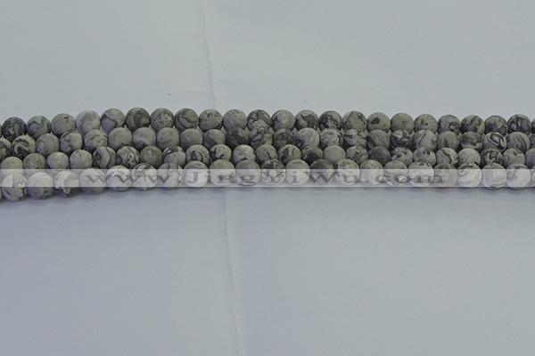CPT571 15.5 inches 6mm round matte grey picture jasper beads