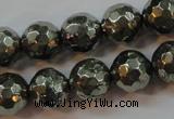 CPY107 15.5 inches 8mm faceted round pyrite gemstone beads wholesale