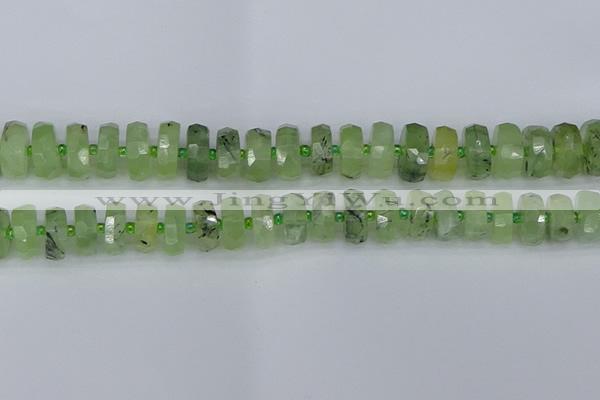 CRB1353 15.5 inches 7*14mm faceted rondelle green rutilated quartz beads