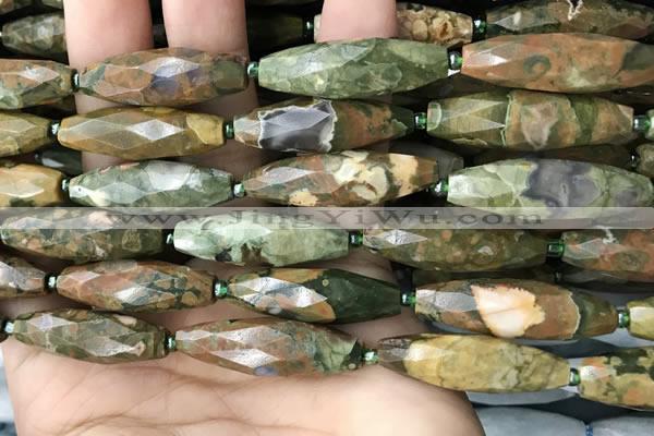 CRI115 15.5 inches 10*30mm faceted rice rhyolite gemstone beads