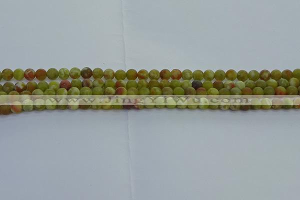 CRO1150 15.5 inches 4mm round matte green dragon serpentine jasper beads