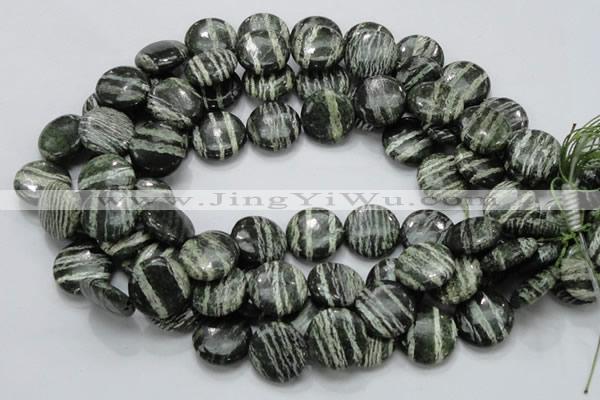 CSJ44 15.5 inches 20mm flat round green silver line jasper beads