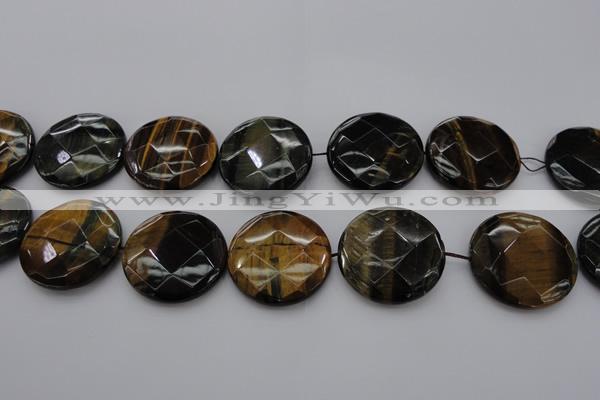 CTE1359 15.5 inches 35mm faceted coin yellow & blue tiger eye beads