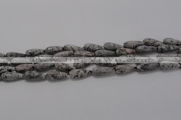 CTR102 15.5 inches 8*20mm faceted teardrop grey picture jasper beads