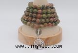 GMN1148 Hand-knotted 8mm, 10mm unakite 108 beads mala necklaces with charm