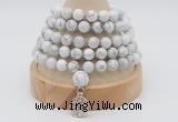 GMN1245 Hand-knotted 8mm, 10mm white howlite 108 beads mala necklaces with charm