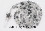 GMN1545 Hand-knotted 8mm, 10mm black rutilated quartz 108 beads mala necklace with pendant