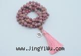 GMN1768 Knotted 8mm, 10mm pink fossil jasper 108 beads mala necklace with tassel & charm