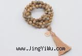 GMN1775 Knotted 8mm, 10mm picture jasper 108 beads mala necklace with tassel & charm