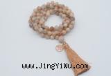 GMN1804 Knotted 8mm, 10mm sunstone 108 beads mala necklace with tassel & charm
