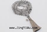 GMN1818 Knotted 8mm, 10mm cloudy quartz 108 beads mala necklace with tassel & charm