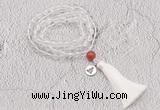 GMN1822 Knotted 8mm, 10mm white crystal 108 beads mala necklace with tassel & charm