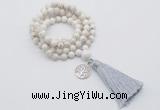 GMN1838 Knotted 8mm, 10mm white howlite 108 beads mala necklace with tassel & charm