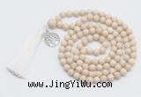 GMN1889 Knotted 8mm, 10mm white fossil jasper 108 beads mala necklace with tassel & charm