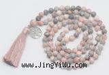GMN1890 Knotted 8mm, 10mm pink zebra jasper 108 beads mala necklace with tassel & charm
