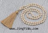 GMN200 Hand-knotted 6mm white fossil jasper 108 beads mala necklaces with tassel