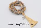 GMN2002 Knotted 8mm, 10mm matte yellow crazy agate 108 beads mala necklace with tassel & charm