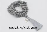 GMN2010 Knotted 8mm, 10mm matte grey picture jasper 108 beads mala necklace with tassel & charm