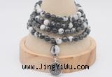GMN2411 Hand-knotted 6mm black & white jasper 108 beads mala necklace with charm