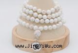 GMN2417 Hand-knotted 6mm white howlite 108 beads mala necklace with charm