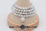 GMN2418 Hand-knotted 6mm white howlite 108 beads mala necklace with charm
