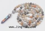 GMN2603 Hand-knotted 8mm, 10mm matte bamboo leaf agate 108 beads mala necklace with pendant