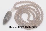 GMN4207 Hand-knotted 8mm, 10mm matte grey agate 108 beads mala necklace with pendant