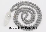 GMN4219 Hand-knotted 8mm, 10mm matte grey picture jasper 108 beads mala necklace with pendant