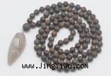 GMN4223 Hand-knotted 8mm, 10mm matte bronzite 108 beads mala necklace with pendant