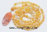 GMN4605 Hand-knotted 8mm, 10mm yellow banded agate 108 beads mala necklace with pendant