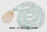 GMN4609 Hand-knotted 8mm, 10mm sea blue banded agate 108 beads mala necklace with pendant
