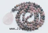 GMN4635 Hand-knotted 8mm, 10mm rhodonite 108 beads mala necklace with pendant