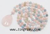 GMN4655 Hand-knotted 8mm, 10mm morganite 108 beads mala necklace with pendant