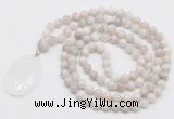 GMN4660 Hand-knotted 8mm, 10mm white crazy agate 108 beads mala necklace with pendant
