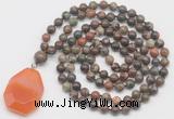 GMN4668 Hand-knotted 8mm, 10mm ocean agate 108 beads mala necklace with pendant