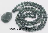 GMN4669 Hand-knotted 8mm, 10mm moss agate 108 beads mala necklace with pendant