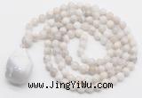 GMN4829 Hand-knotted 8mm, 10mm white crazy agate 108 beads mala necklace with pendant