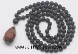 GMN4933 Hand-knotted 8mm, 10mm black lava 108 beads mala necklace with pendant