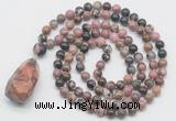GMN4936 Hand-knotted 8mm, 10mm rhodonite 108 beads mala necklace with pendant