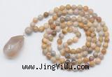 GMN4937 Hand-knotted 8mm, 10mm fossil coral 108 beads mala necklace with pendant