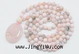 GMN5057 Hand-knotted 8mm, 10mm matte natural pink opal 108 beads mala necklace with pendant