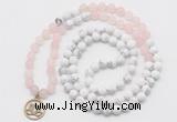 GMN6003 Knotted 8mm, 10mm rose quartz & white howlite 108 beads mala necklace with charm