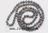 GMN6031 Knotted 8mm, 10mm grey opal 108 beads mala necklace with charm