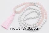 GMN6103 Knotted 8mm, 10mm rose quartz & white howlite 108 beads mala necklace with tassel