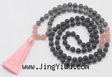 GMN6117 Knotted 8mm, 10mm matte black agate, black labradorite & rose quartz 108 beads mala necklace with tassel