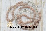 GMN6154 Knotted 8mm, 10mm sunstone, white crystal & white jade 108 beads mala necklace with charm
