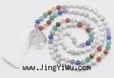 GMN6221 Knotted 7 Chakra white howlite 108 beads mala necklace with tassel & charm