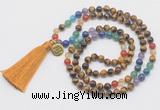 GMN6223 Knotted 7 Chakra yellow tiger eye 108 beads mala necklace with tassel & charm